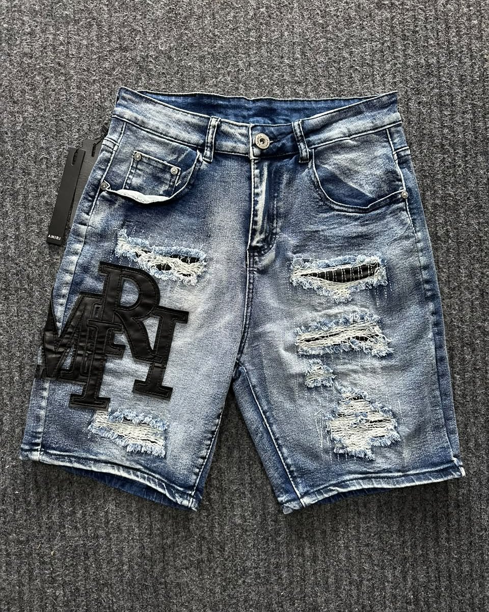 Short Amiri Letras Mezclilla Roto - Mezclilla